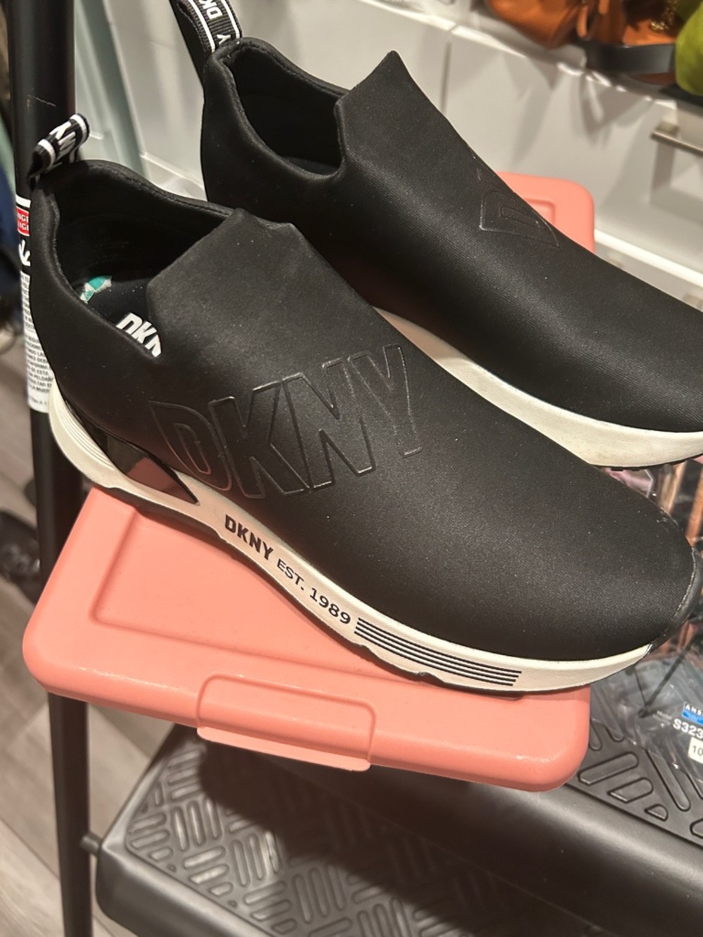 DKNY Black Slip-On Logo Athletic Sneakers with White Sole